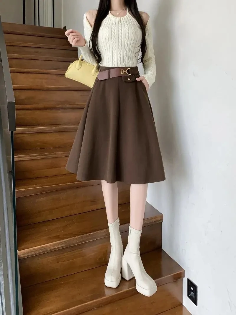 Hepburn Wind Rok Tweed Half-Body Rok Vrouwen Herfst Winter Nieuwe Middelste Rok Tot Knie Hoge Taille Temperament Rok Geplooide Rok