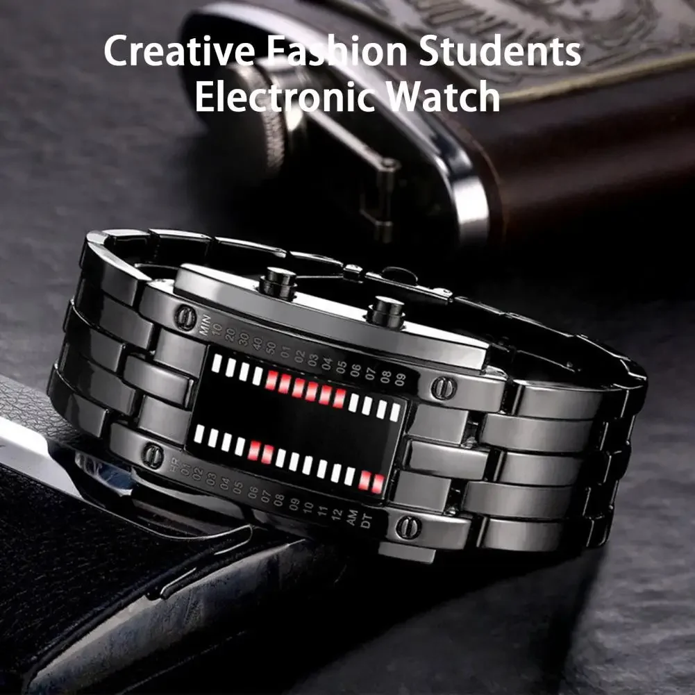 Men Women Future Technology Binary Black Stainless Steel Couple Watch Date Digital LED Bracelet Sport Watches