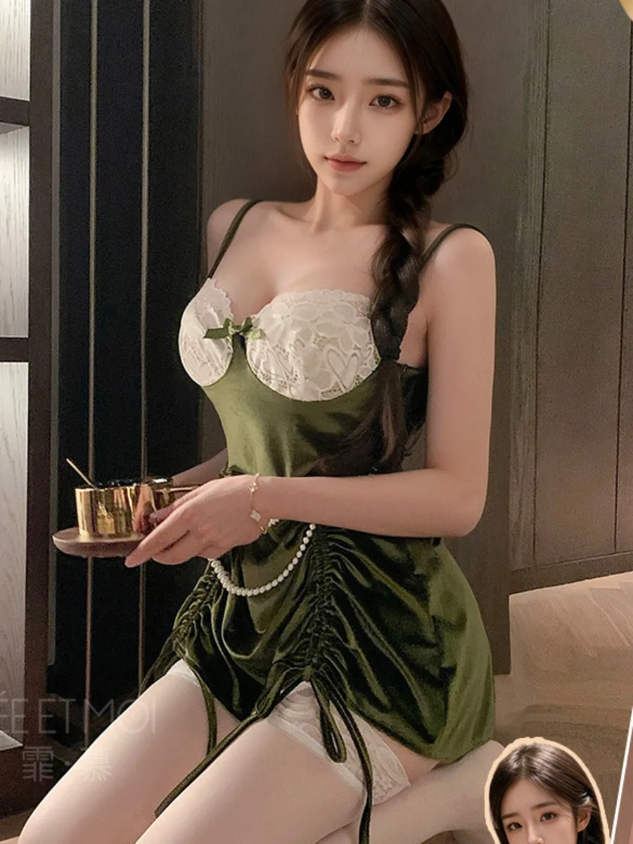 جديد مثير عيد الميلاد النفط اللوحة العميق الخامس المخملية فستان النوم الدانتيل مثير الأرداف العارية يمزح Bowknot عارية الذراعين فستان بلا أكمام HK5V