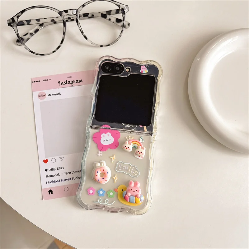 귀여운 만화 3D 무지개 토끼 삼성 Z Flip6 Z Flip5 6 갤럭시 5G zflip3 4 전화 케이스 쉘 도넛 체인 카와이 커버
