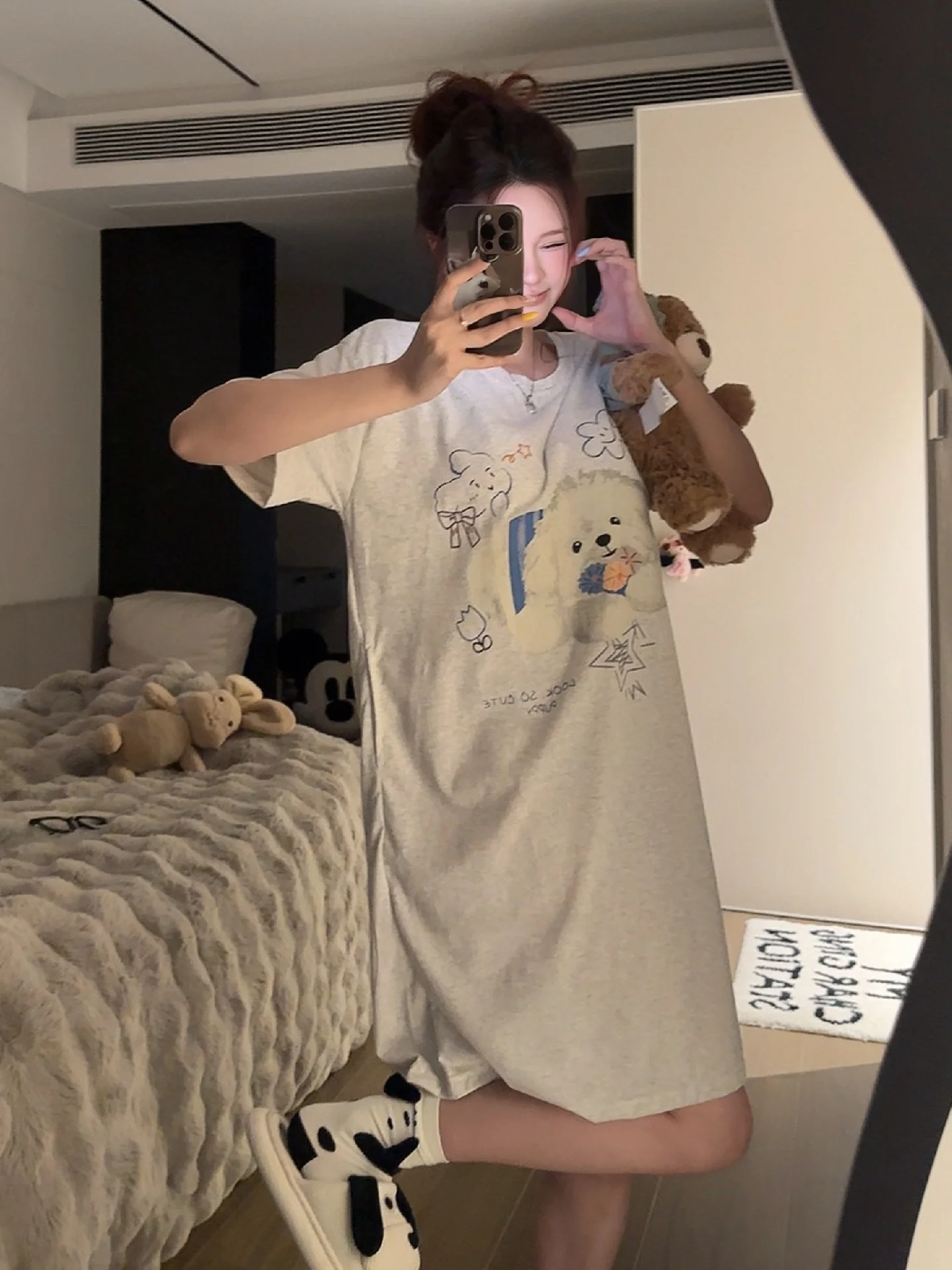 

Summer Cartoon Soft Cute Dog Sleep Dress Women's Loose Thin Short Sleeve Home Clothes Sleepwear Mid-Length with Chest Pad