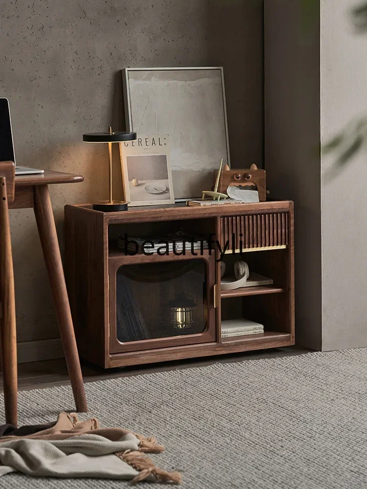 

ss Solid wood sofa side side cabinet Movable tea cabinet Black walnut storage rock slab coffee table storage side cabinet