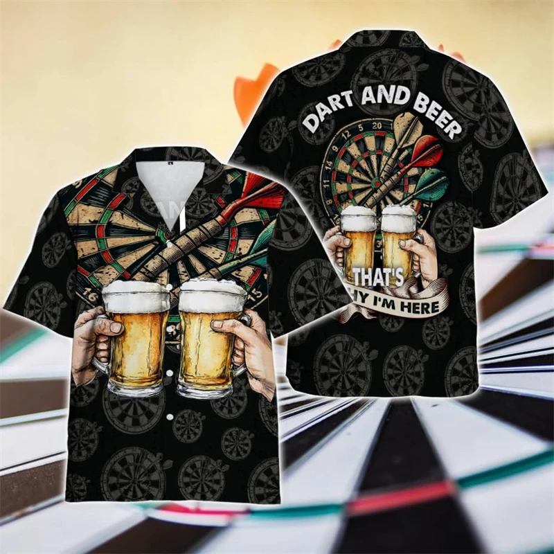 Beer Darts Graphic Short Sleeve Shirts For Men Clothes Casual Bar Party Lapel Blouse Dart Club Button Shirt Sport Team Male Tops