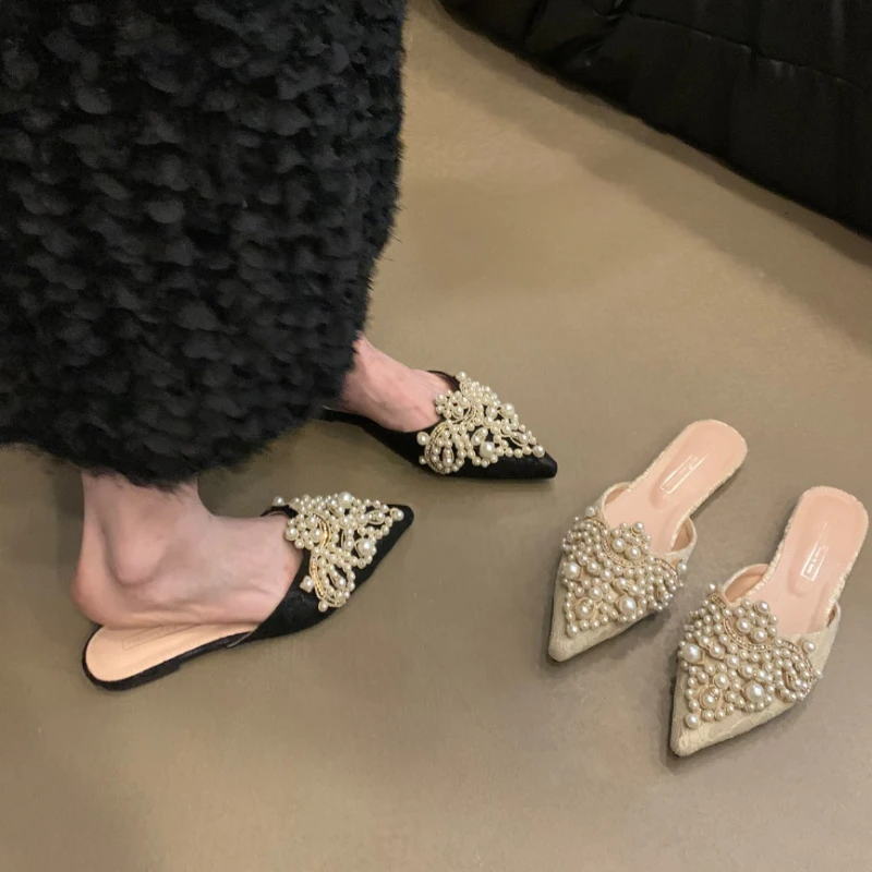 2024 Fashion Spring Summer Fashion Sexy Women's Shoes Elegant String Bead Crystal Slip-On Thin Heels Slipper Women's Footwear