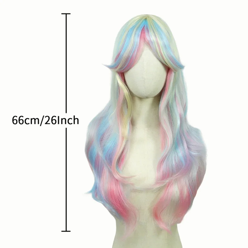 Anime, Europese en Amerikaanse stijl damespruik, met gekleurd, middellang, krullend synthetisch haar.