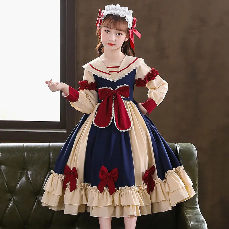 Teen girl kids Vestido Spanish Girl Dress Baby Bow Princess Long sleeve Lolita Dress For Girls Birthday outfit Lace Headband