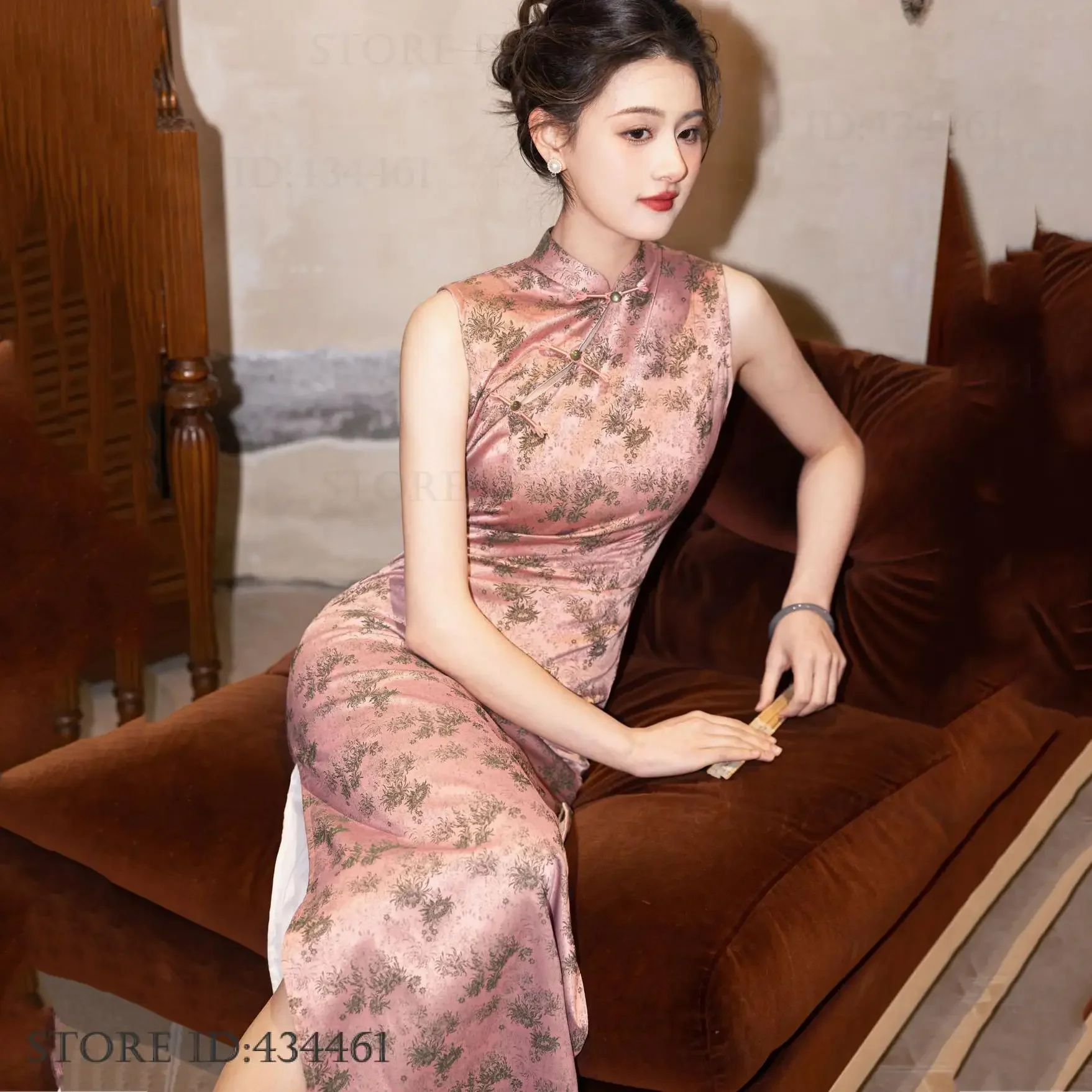 

Элегантное традиционное китайское платье Hanfu, новый китайский стиль, длинное Ципао, сексуальное тонкое женское платье без рукавов с цветочным принтом, Vestidos