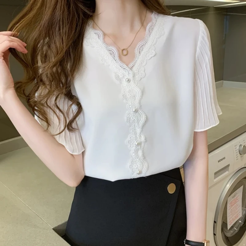 

Spring Summer New Fashion Solid Color Chiffon Shirt 2022 V-Neck Short Sleeve Lace Pullover Shirt Korean Elegant Casual Blouse