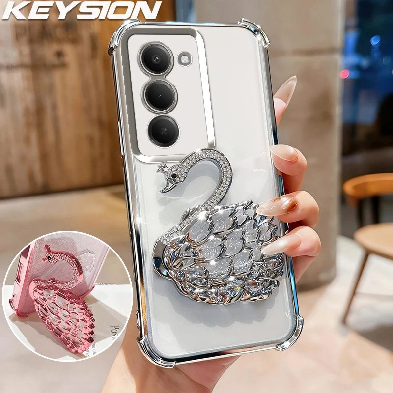 

KEYSION Shockproof Plating TPU Phone Case for Redmi 15 169.5 171mm Glitter Jewelled Swan kickstand Back Cover for Redmi 15 171mm