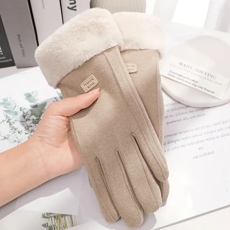 Women Winter Warm Thick Plush Gloves Fashion Suede Solid Touchscreen Driving Glove Lady Outdoor Sports Windproof Cycling Mittens