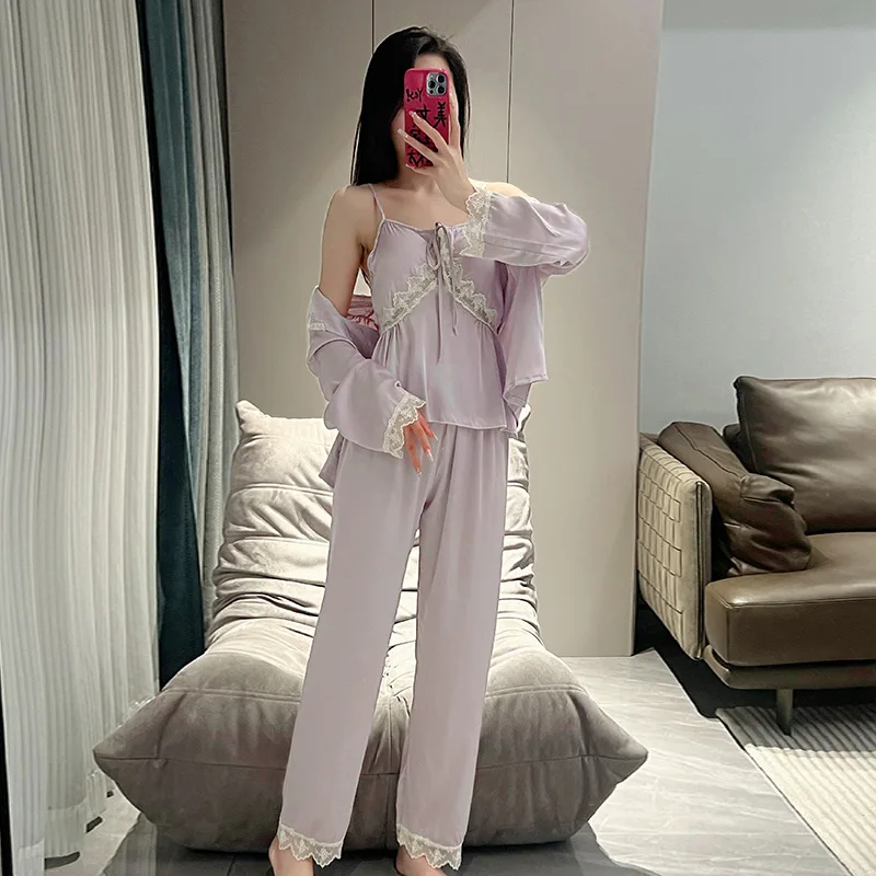 الجليد بيجامة من الحرير دعوى النساء ثلاث قطع كيمونو الدانتيل Homewear البشكير منامة مجموعة الصيف فام ملابس خاصة ملابس النوم
