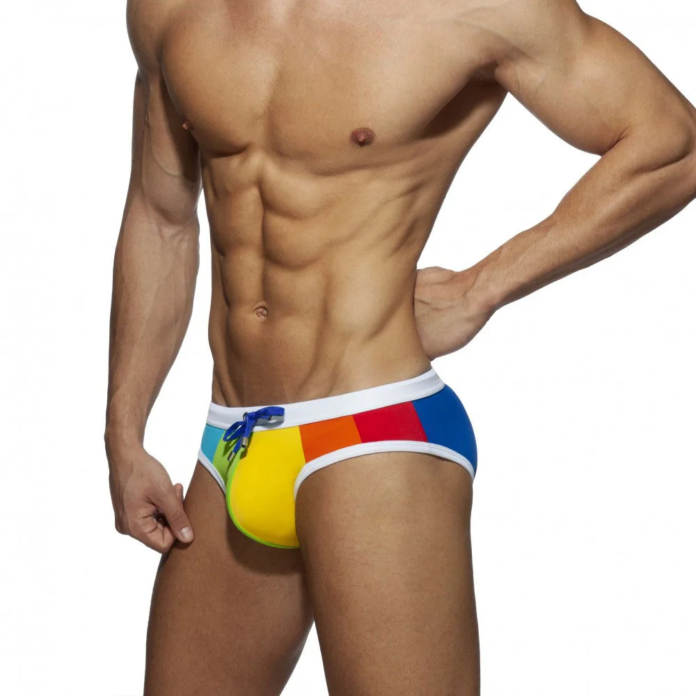 

Sexy Rainbow Stripes Swimsuit Men Swimwear Low Waust Mens Swim Briefs Bikini Swimming Trunks For Man Beach Surf Bath Suit Wear