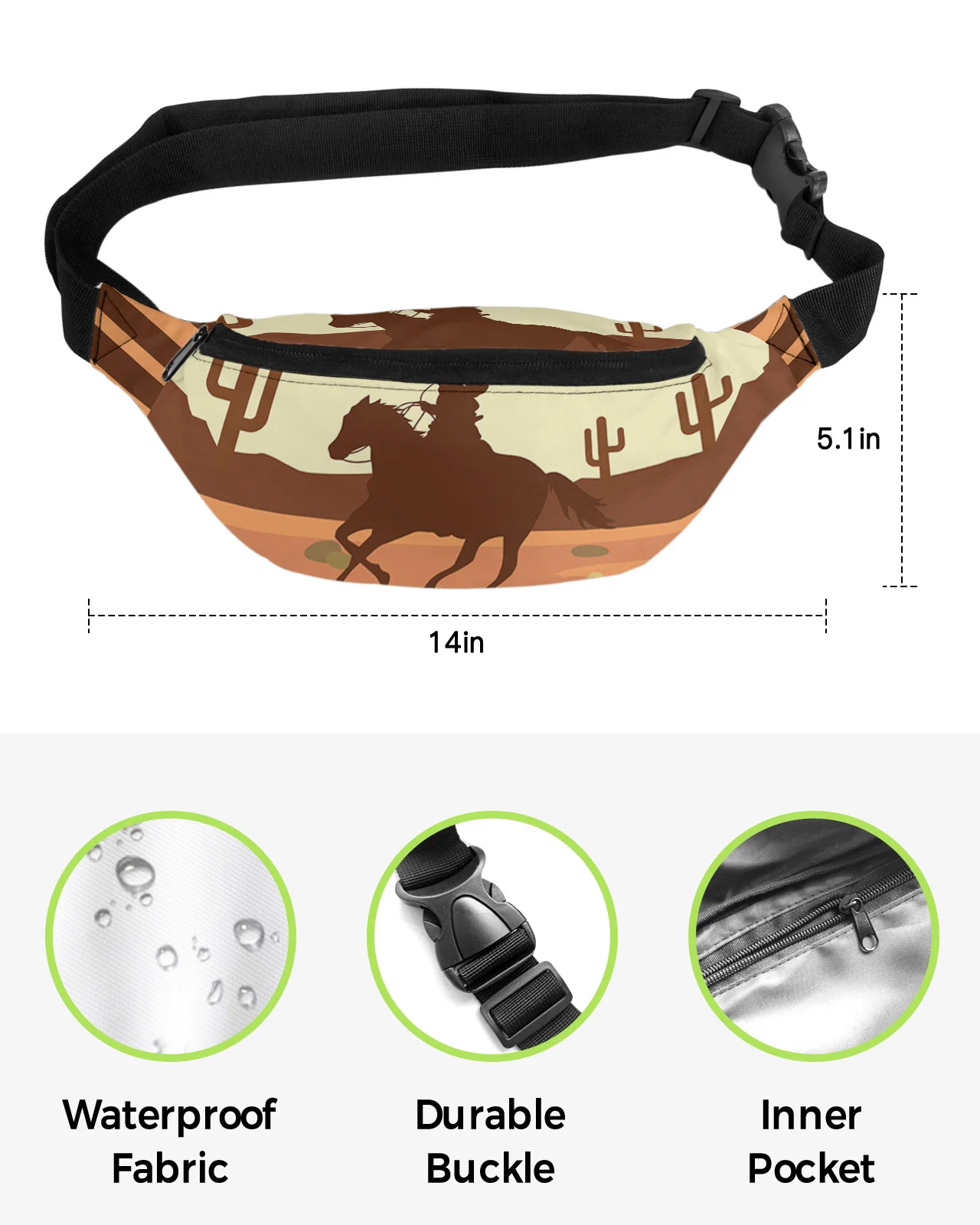 Western Cowboy Cactus Waist Packs for Women Waterproof Outdoor Sports Waist Bag Unisex Crossbody Shoulder Bag