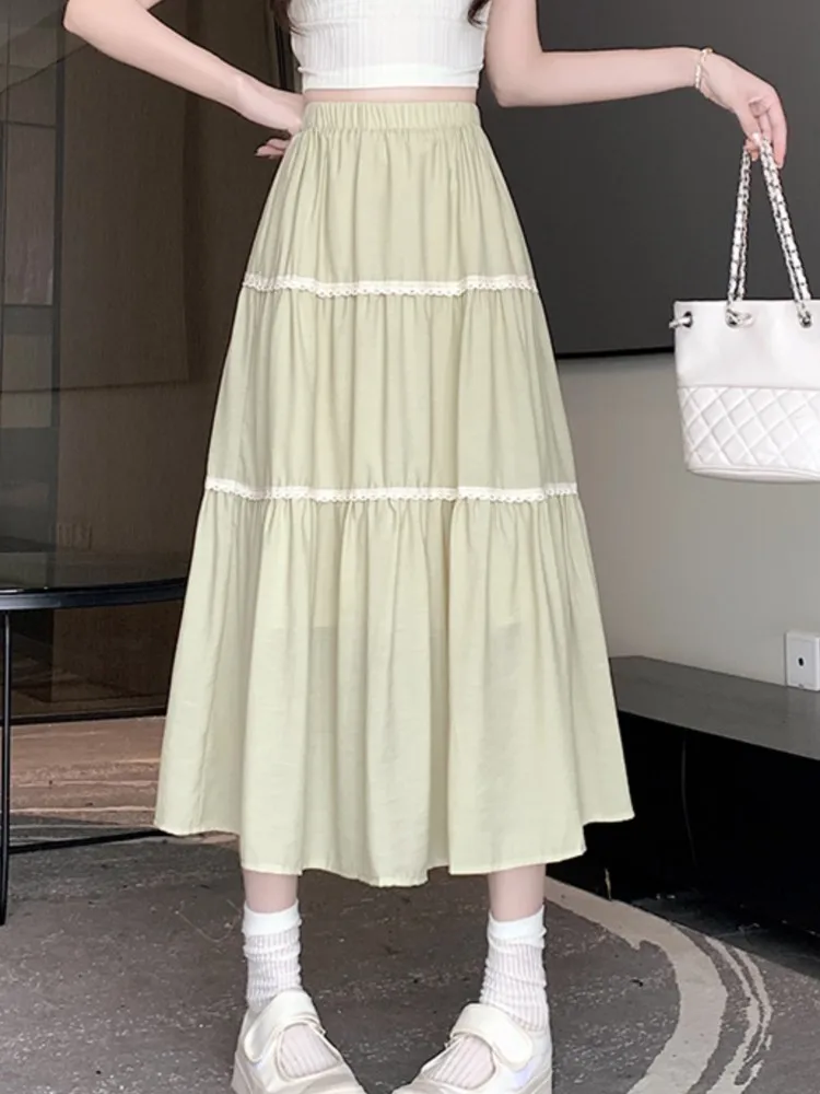 

Elegant Midi Skirt A-line High Waist Women Layered Skirts Pleated Solid Fairycore Vintage Korean School Girl Style Holiday