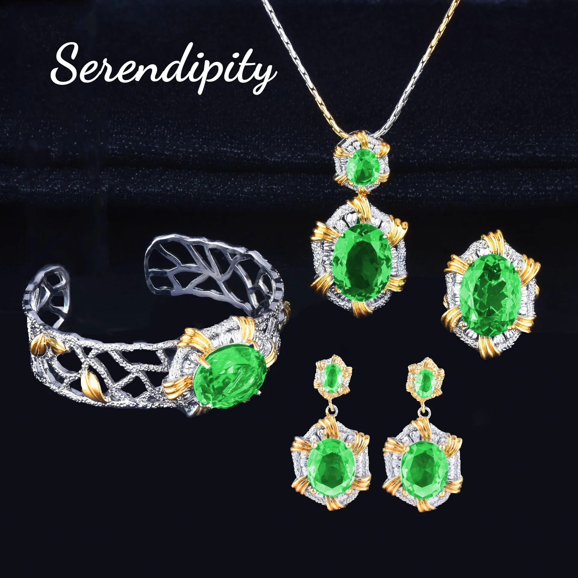 Foydjew Retro Simulation Color Gemstone Jewelry Sets Inlaid Paraiba/Green/Blue Pendant Necklaces Earrings Bracelets Rings Set
