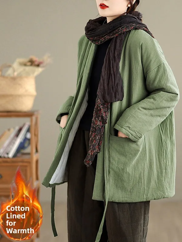 

Loose Fit Long Sleeve Thickened Ladies Cardigan Green Casual Outerwear Artistic Style Daily Wear Large Size Cotton Coat