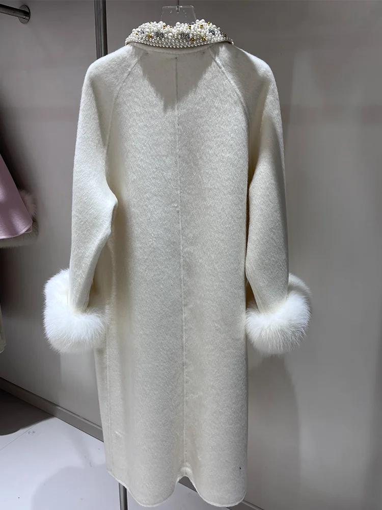 New Fashion Winter Women's Real Natural Fox Fur  Wool Coat Warm Jacket Fox Fur Cuffs Luxury Thick Female Coat