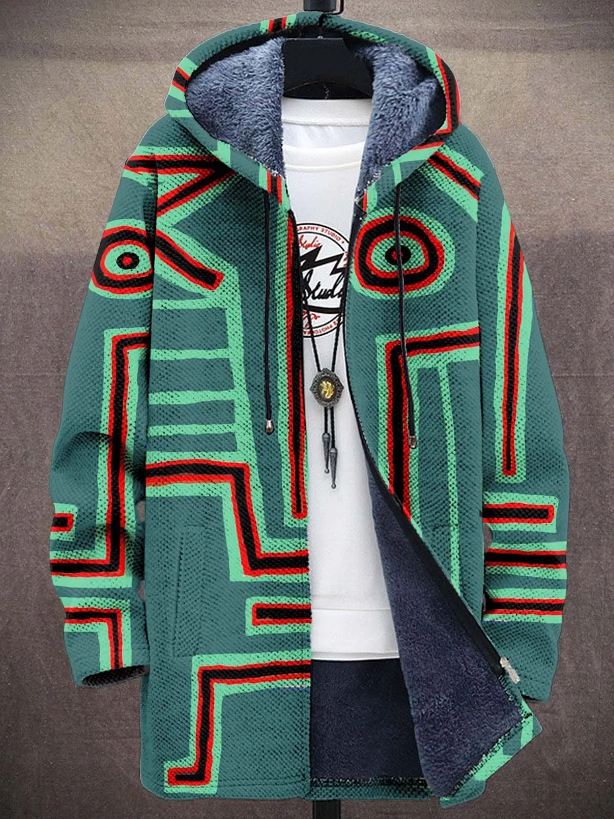 Unisex Geometric Abstract Print Plush Cardigan Hoodie Thick Long-Sleeved Fleece Lined Zipper Coat for All Seasons
