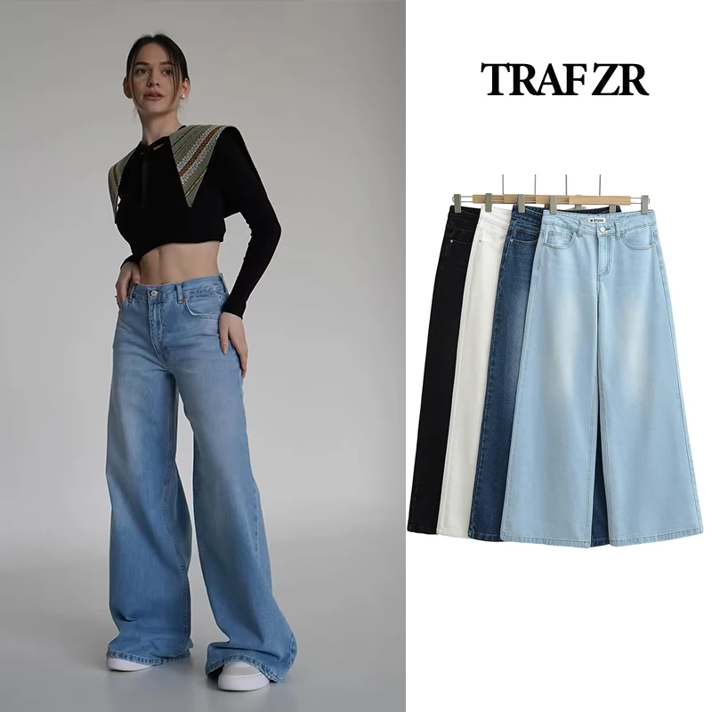 

TRAF ZR Jeans Baggy Y2k Harajuku Fashion Pant Low Rise Waist Oversize Women's Wide New in Pants Flared Denim Woman Trousers