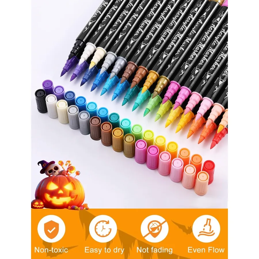 ปากกาสีอะคริลิค 30 สี กันน้ำ หัวคู่ พร้อมพู่กัน หัวแหลม สำหรับเด็ก ระบายสีหิน