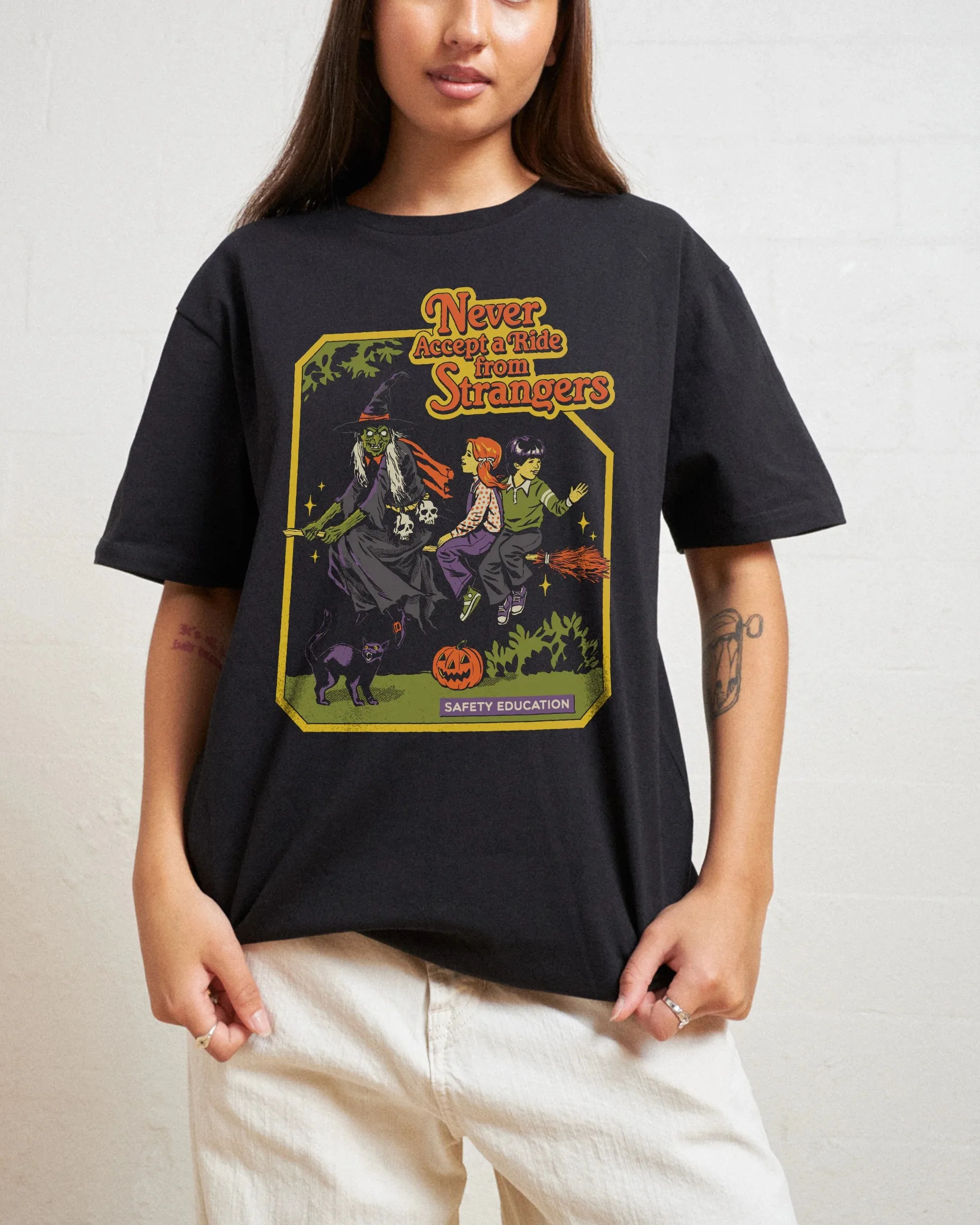 Retro Safety Never Accept A Ride From Strangers Cotton Tee Graphic for Trendy Outfits and Edgy - Halloween Tee All Saints' Day