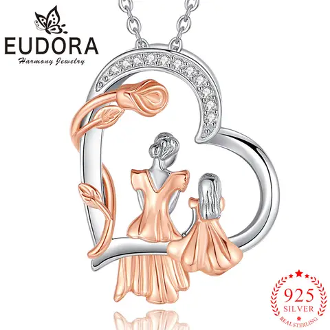Eudora 925 ayar gümüş anne kızı kolye gül çiçek zirkon kalp kolye zarif kadın takı anneler günü hediye
