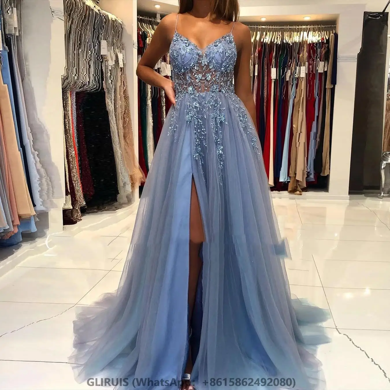 

Sky Blue Luxury V Neck A Line Prom Dress Tulle Beaded Robes De Cocktail Evening Gowns High Split Skirt Dresses