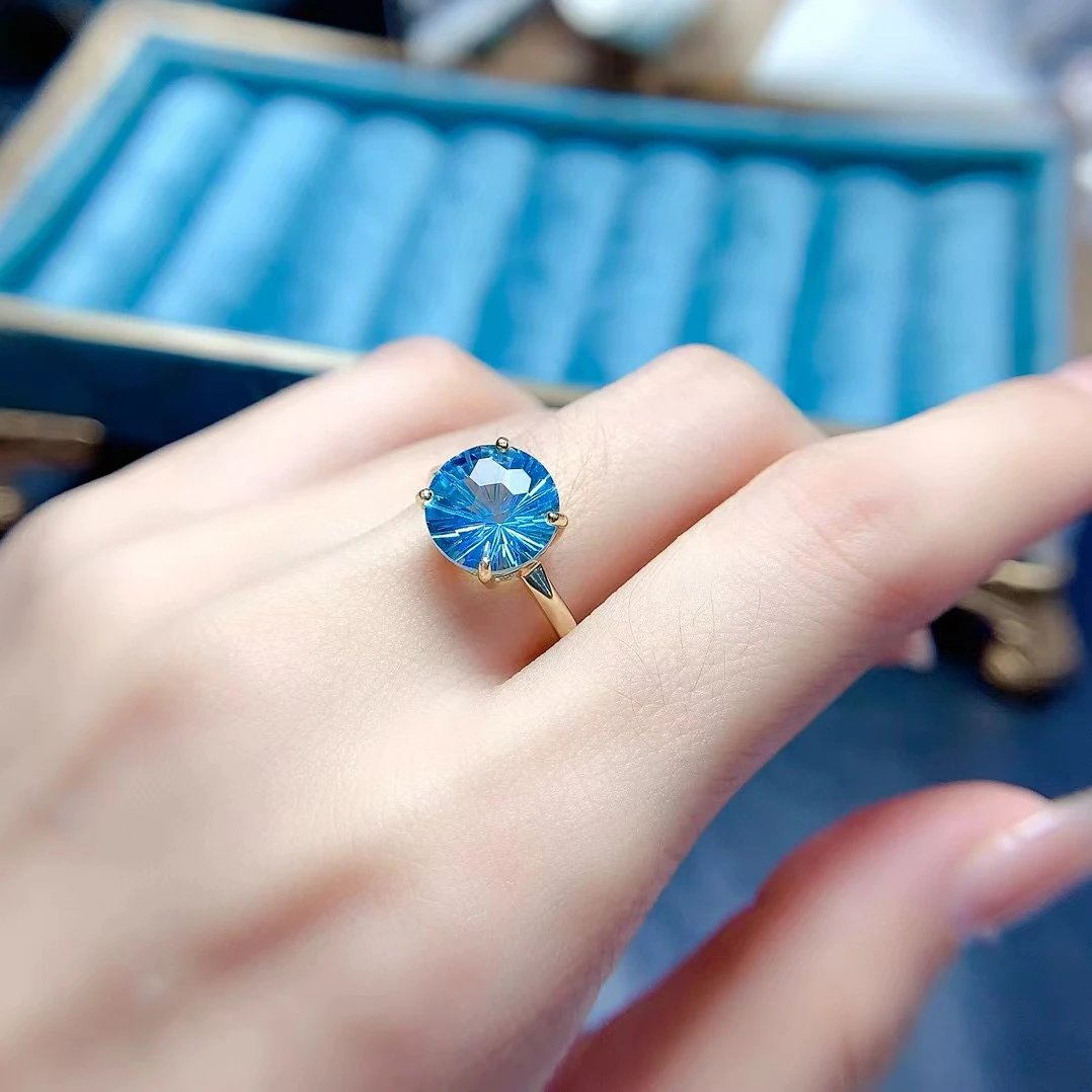 

Dazzling Natural Topaz Ring for Wedding 10mm 4ct Light Blue Topaz 925 Silver Ring with 3 Layers 18K Gold Plating No Fading