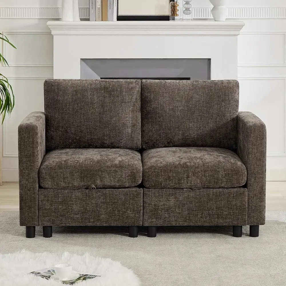 

2 Seater Sectional Loveseat Sofa with Storage, Chenille Fabric, Ideal for Living Room, Bedroom, or Small Apartment, Brown