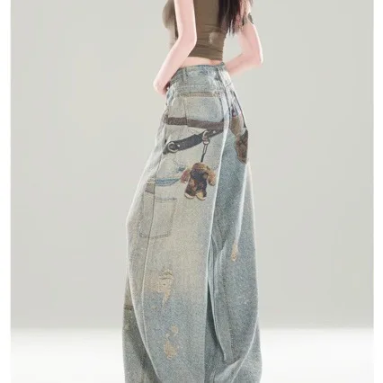 2026 Vintage High-waisted Printed Wide-leg Jeans for Women, Loose and Straight Slimming with a Draping Feel That Reaches the Flo