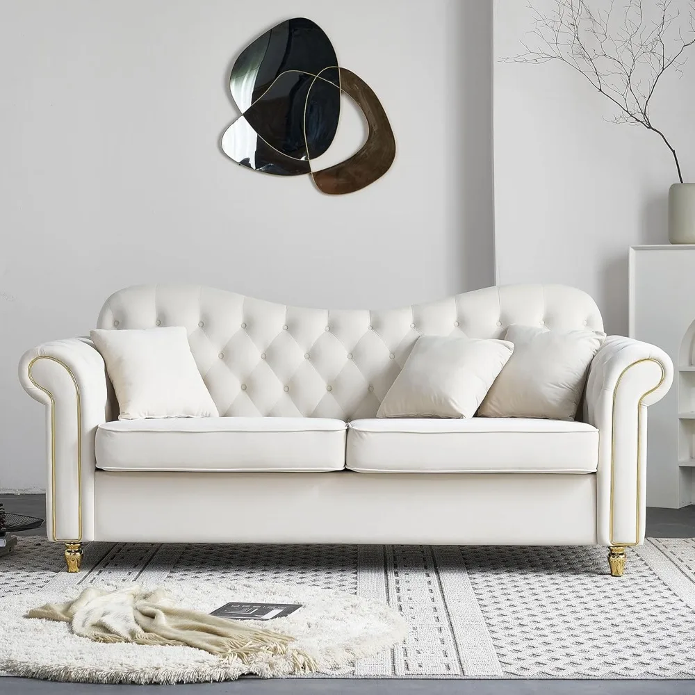 

82.68'' Mid Century Loveseat Sofa, Modern Velvet Couch Chesterfield Sofa for Living Room, Hotel, Guest Room, Waiting Room, Beige