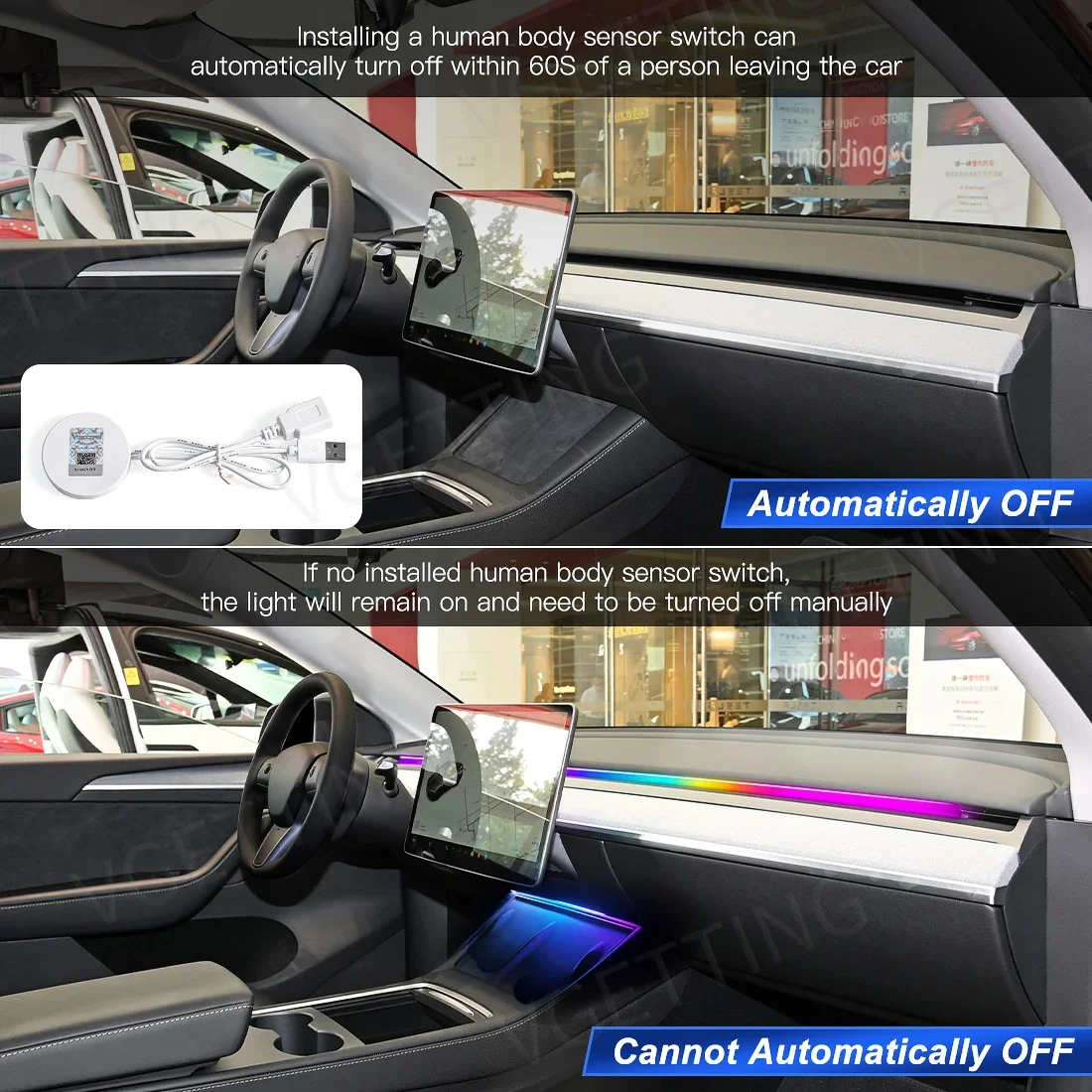 Módulo de luz ambiental para coche, guantera de 30 Y 60 segundos, muelle de expansión USB, lámpara de atmósfera sinfónica de 140cm para Tesla Model