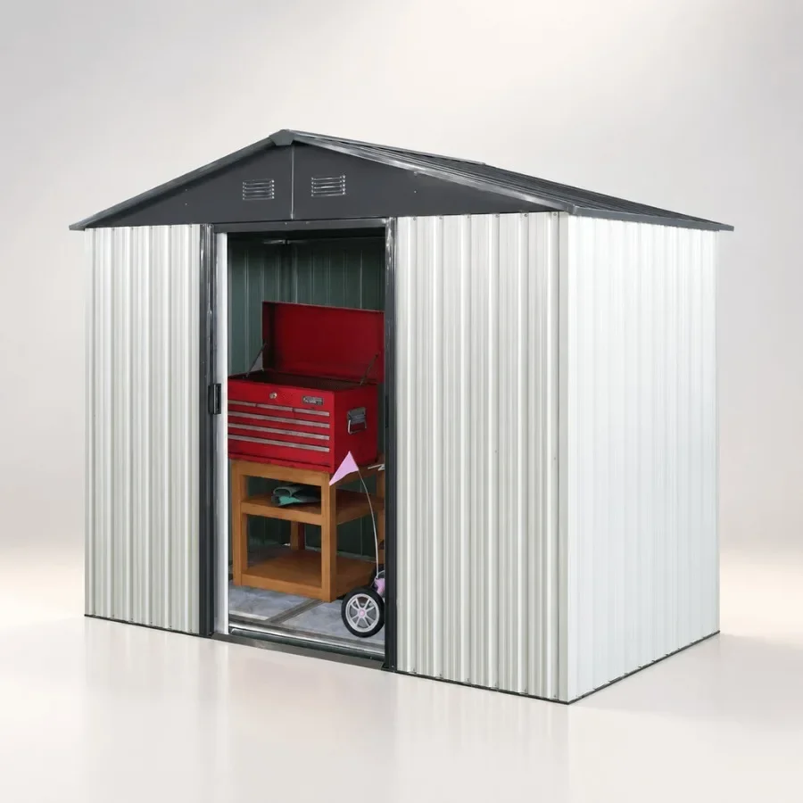 Outdoor metal storage shed for backyard use, white and black color, rust-resistant galvanized steel, 8ft x 4ft compact size