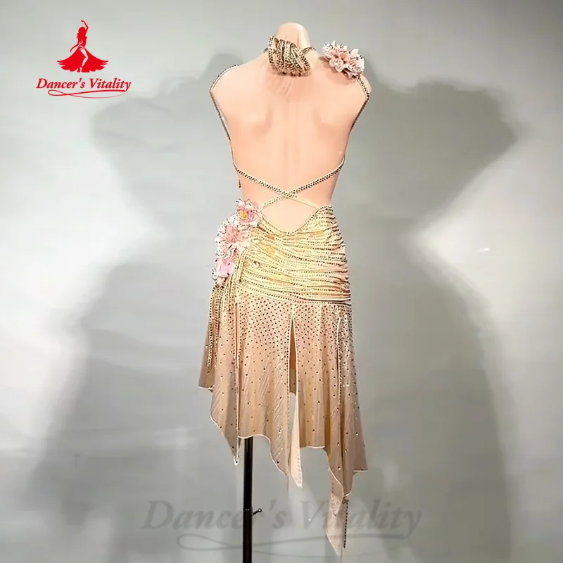 Latin Dancing Women's Customized Exquisite Flowers Sexy Backless Dress Girl Tango Chacha Samba Professional Performance Clothing