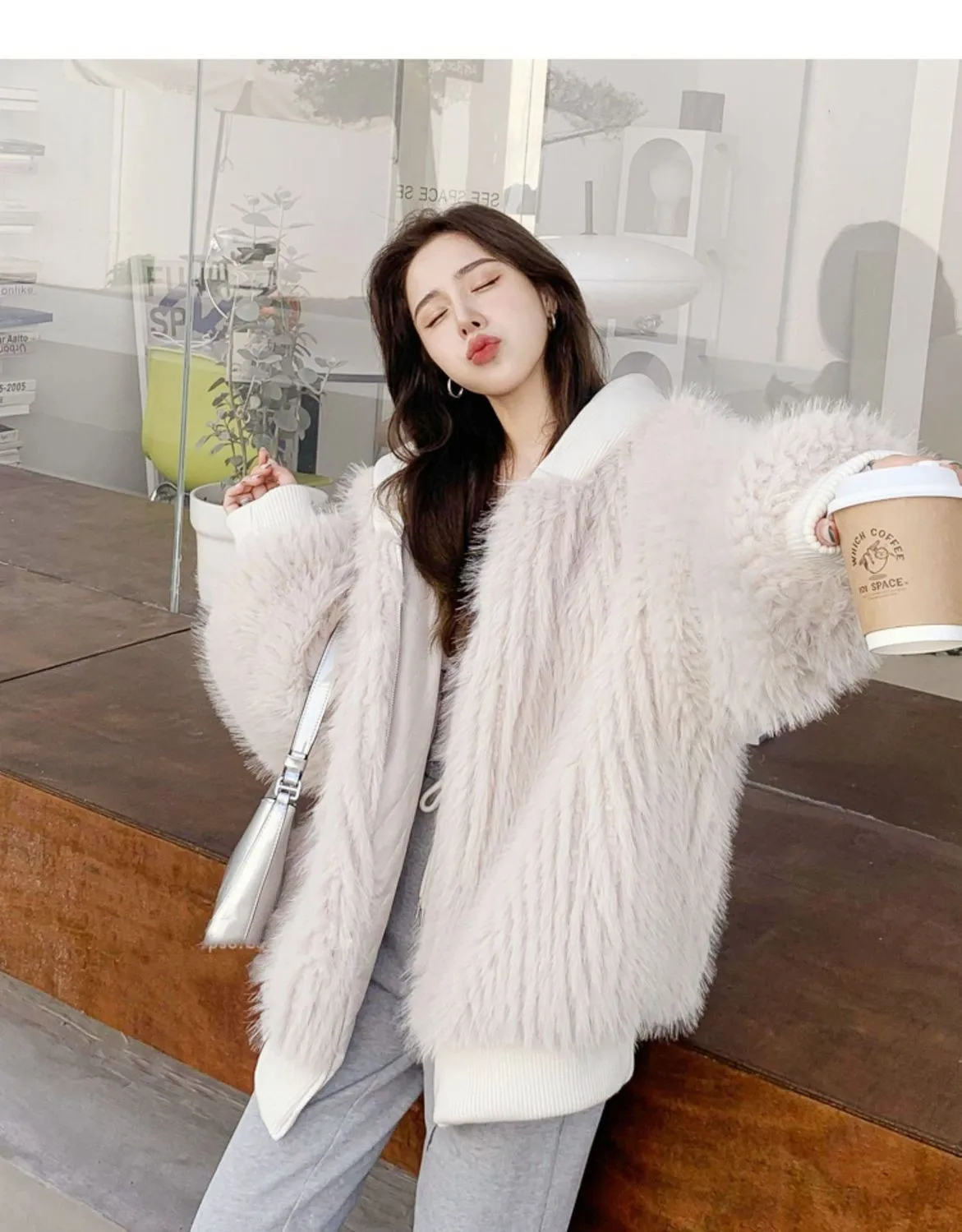 Women With Hood Long Sleeve Zipper Korean Fashion 2023 New Tops Autumn Winter Loose Casual Hairy Shaggy Soft Warm Faux Fur Coat