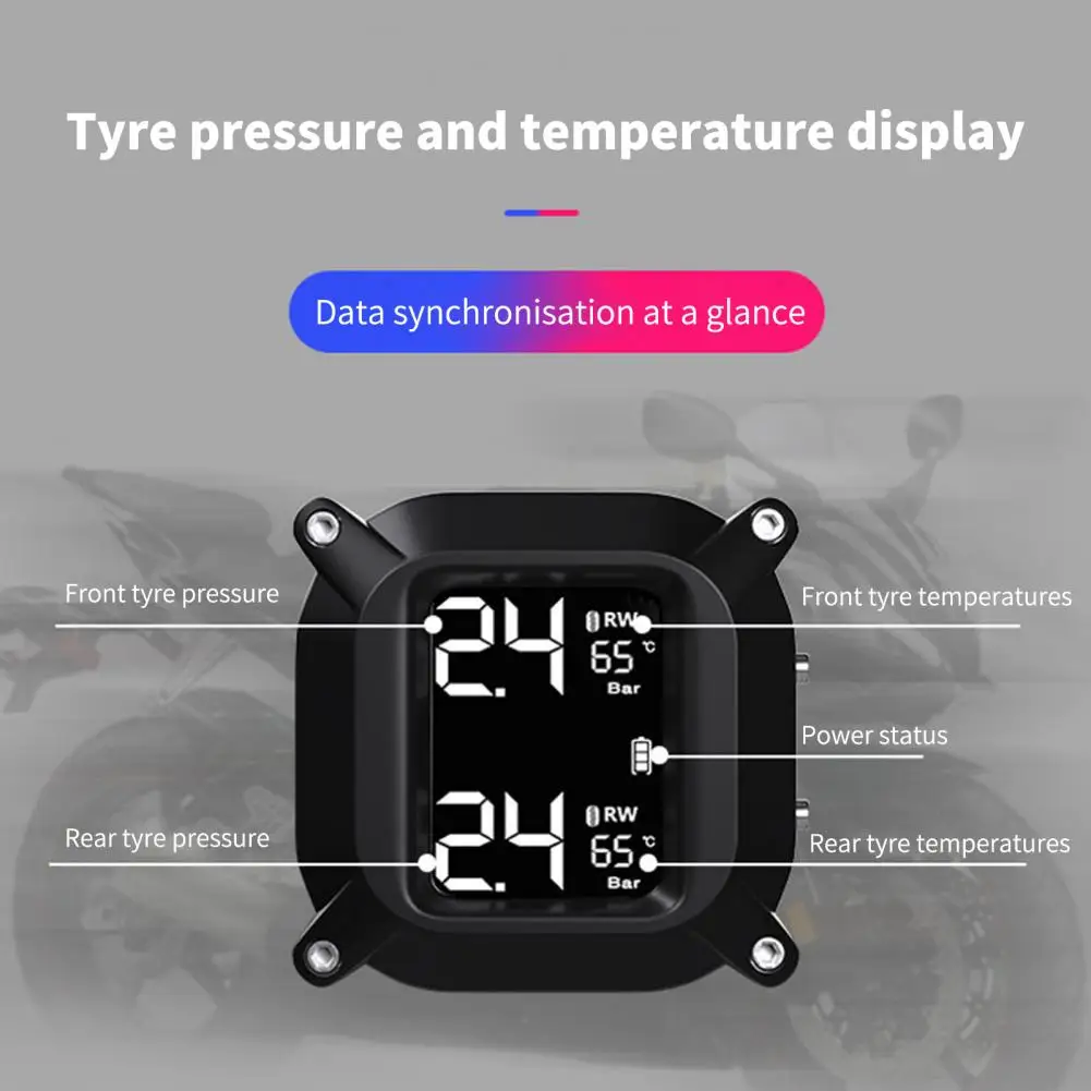 TPMS Motorcycle Tire Pressure Monitoring System With 2 External Sensors LCD Display Waterproof Temperature Alarm USB Charging