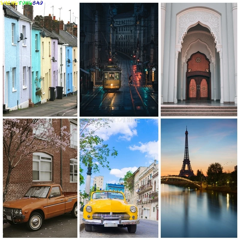 Retro Europe City Street Buildings Scenery Photography Backgrounds Wedding Baby Portrait Backdrops For Photo Studio 21804OUT-03