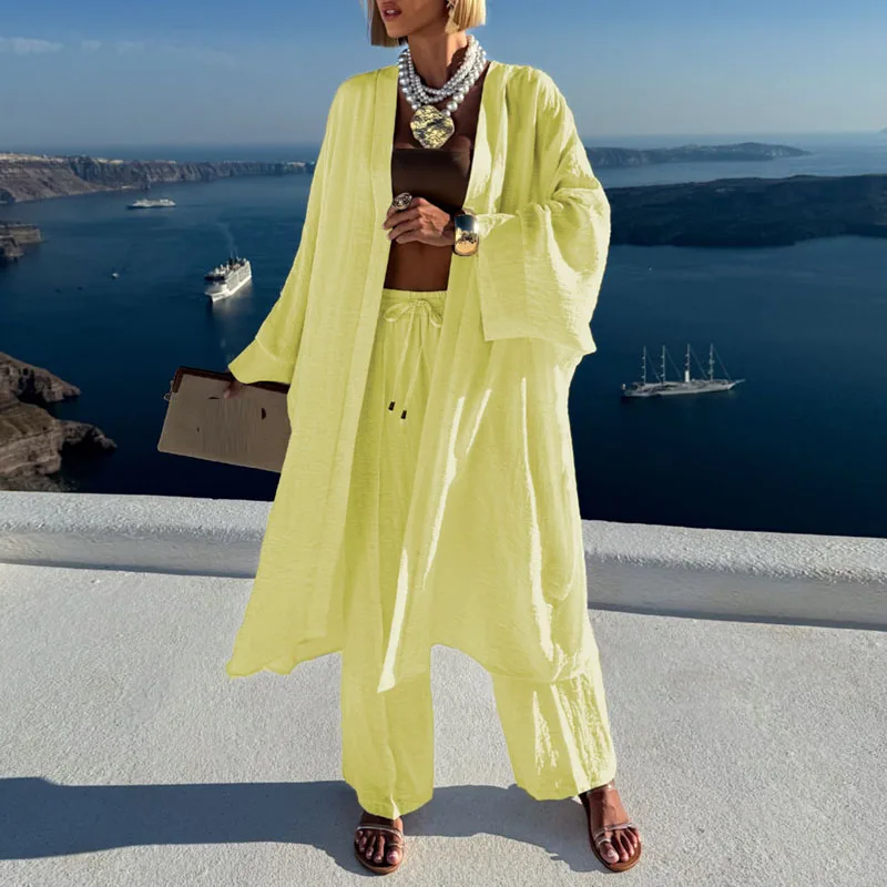 

Spring Autumn Long Sleeve Loose Cardigan & Lace-up Pants Set Woman Fashion Solid Long Top Two Pieces Suit Simple Leisure Outfits