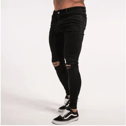 Japanese-style Young Men's Jeans for Spring and Summer, High Street Trend, Knee Ripped, Slim-fit, Stretchy, Slim-fit Long Pants