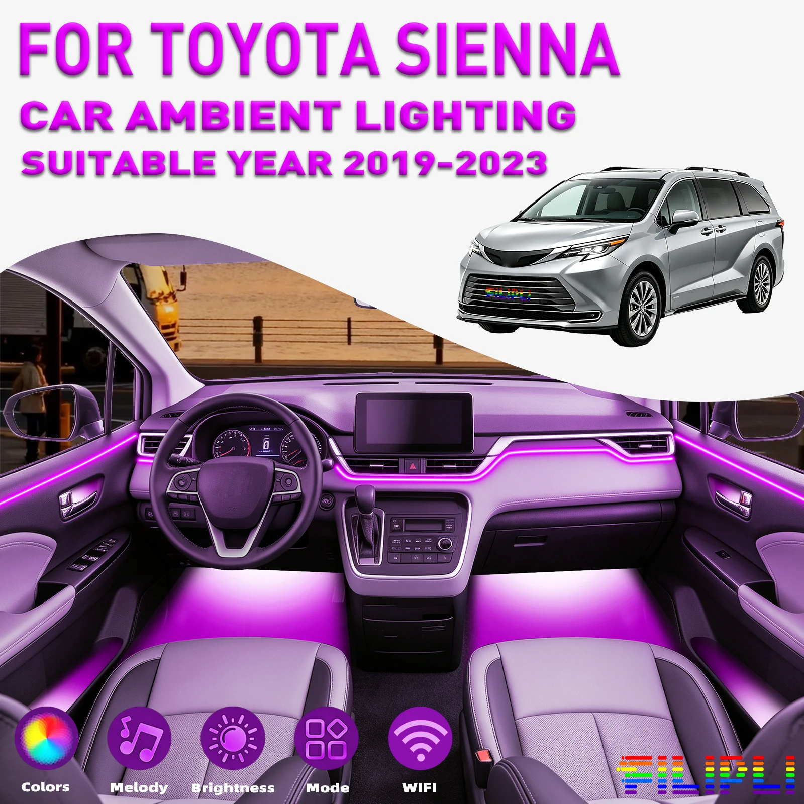 For TOYOTA Sienna 2019-2023 CAR AMBIENT LIGHTING RGB 18 Lights Kit 64 Colors 18-in-1 LED Interior Hidden Acrylic Strip Symphony Atmosphere Lamp Neon Acrylic Light Strip Lighting and Decorative Lamps Long Standby Car Decorative Light
