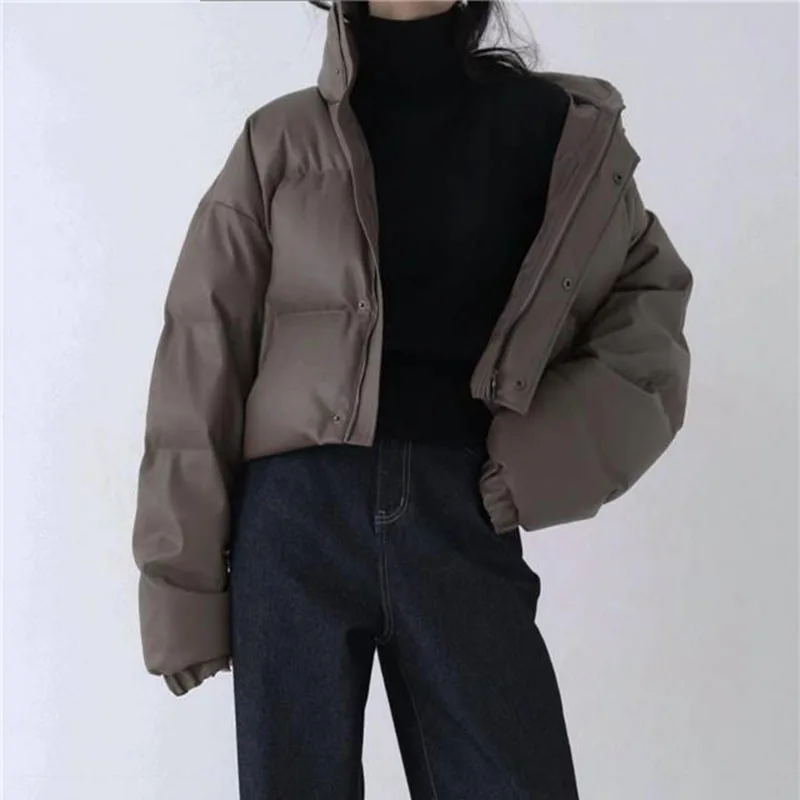 Winter Fashion Thick Women Short Parkas Solid Stand Collar Pu Leather Loose Zipper Button Jacket All Match Warm Streetwear Coat