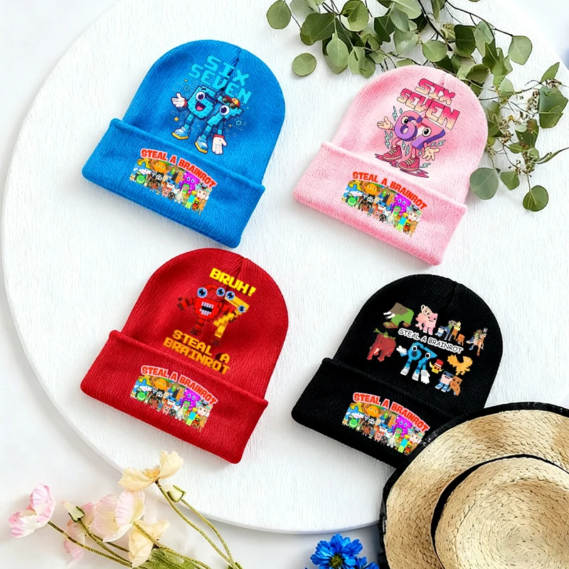 

Steal A Brainrot Kids Knitted Hat Cute Anime Print Boy Girl Beanie Headgear Outdoor Street Warm Knit Cap Kawaii Party Games Gift