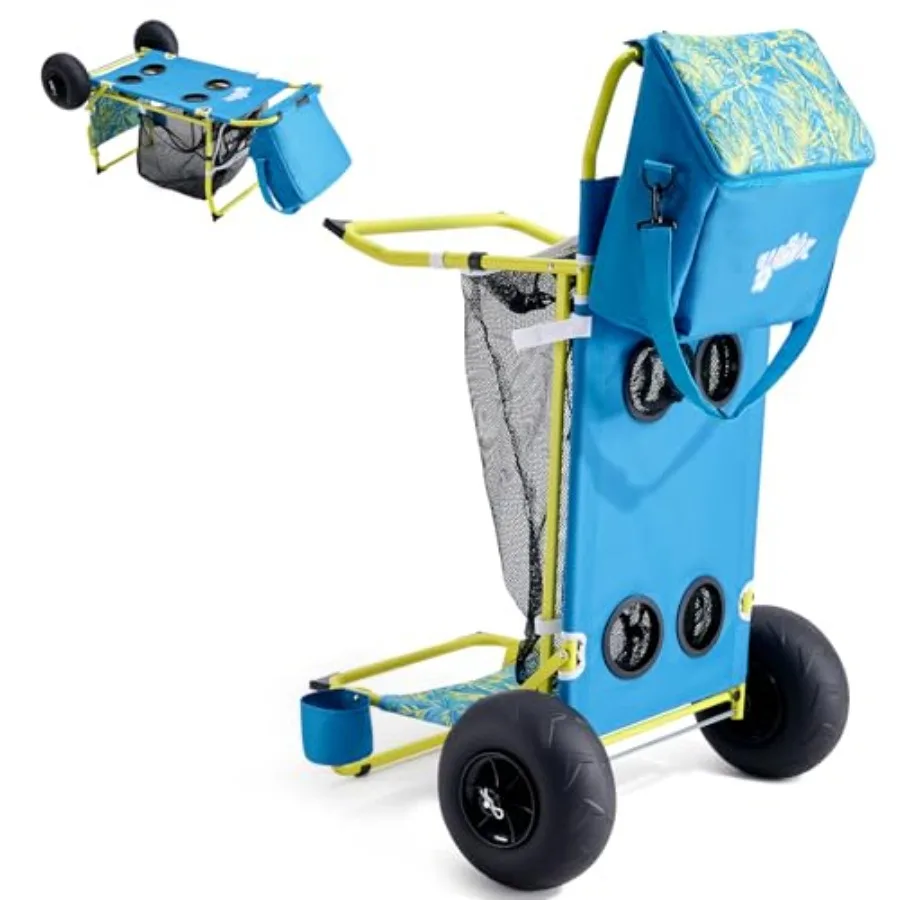 

2-in-1 Beach Cart for sand use, steel frame with black finish, features oversized balloon wheels, foldable design, chair holder