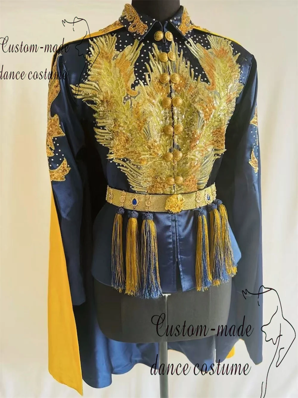 Prince Ballet Dress, Male Variations Competition Dress, Deep Blue Diamond Set Top, Gold Cloak, Customized Dress