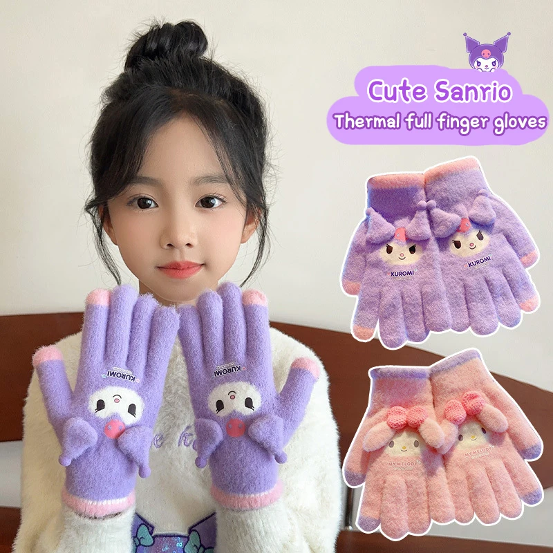 Sanrio Kuromi Plush Gloves My Melody Cinnamoroll Children's Gloves Windproof Warm Full-finger Gloves For Running Cycling