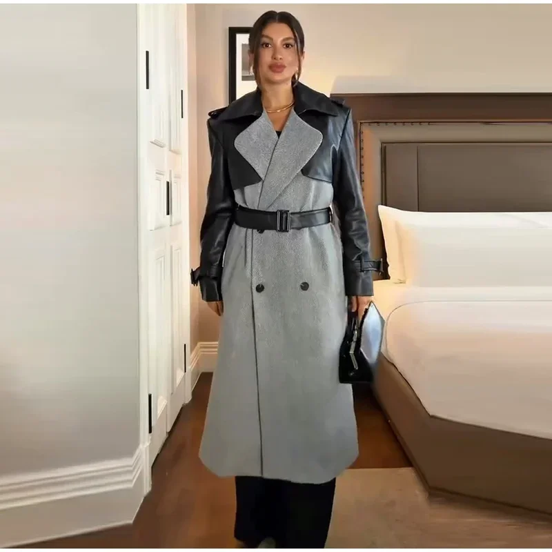 Lange Wollmäntel mit Paneelen und Gürtel, Damen, Streetstyle, Revers, lange Ärmel, Knopfleiste, lockere Jacken, Herbst, schick, neue warme Oberbekleidung – Detail 13