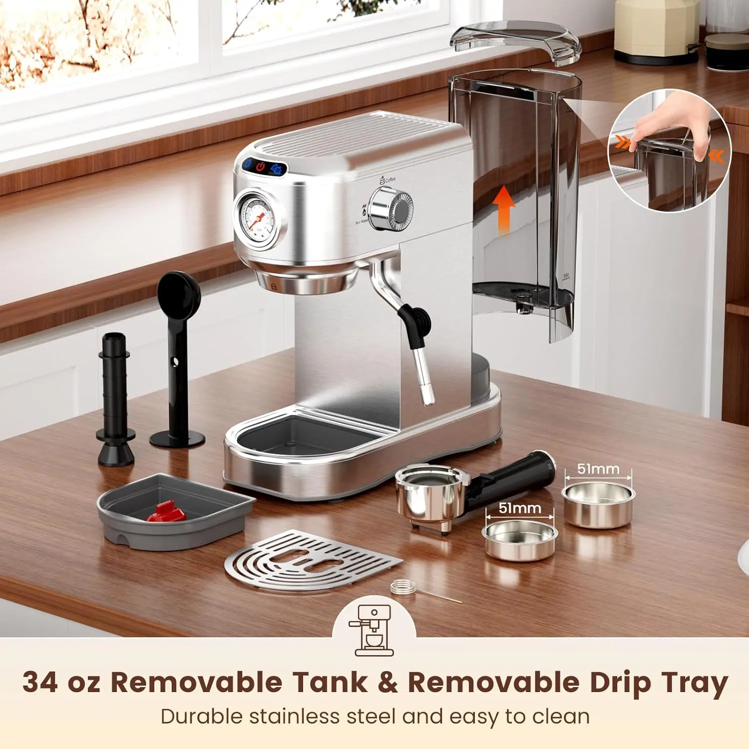 

Эспрессо-машина, 20 бар, компактная кофеварка для эспрессо, кофемашины из нержавеющей стали с паровым вспенивателем молока — бесплатная доставка