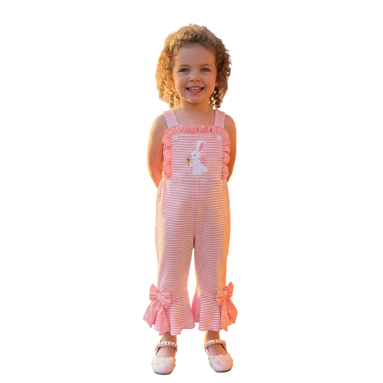 Kids Girls Overalls, Cute Stripes Rabbit Bows Flare Pants Easter Clothes for Casual Daily 6M-4T