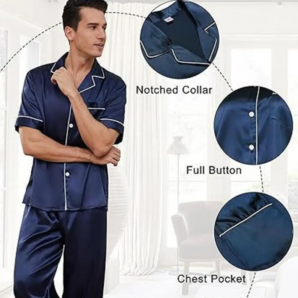 Matching Style Sleepwear Luxurious Silk Satin Pajama Sets for Men Women Notch Collar Button Down Top with Chest Pocket Elastic