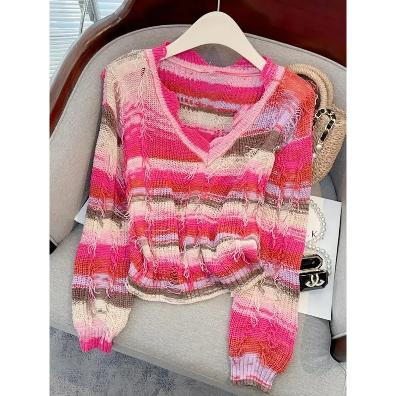 

Striped Knitted Sweater Women 2024 Autumn New V-Neck Long Sleeve Tassel Hollow Out Pullovers Korean Panelled Crop Jumpers